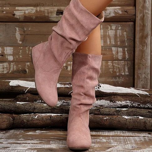 Womens Slouchy Mid Calf Boots Fall Fashion Suede Comfy Flat Heel Shoes Ladies Casual Side Zipper Wide Calf Boots in Saudi Arabia