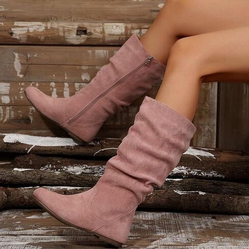 Womens Slouchy Mid Calf Boots Fall Fashion Suede Comfy Flat Heel Shoes Ladies Casual Side Zipper Wide Calf Boots in Saudi Arabia