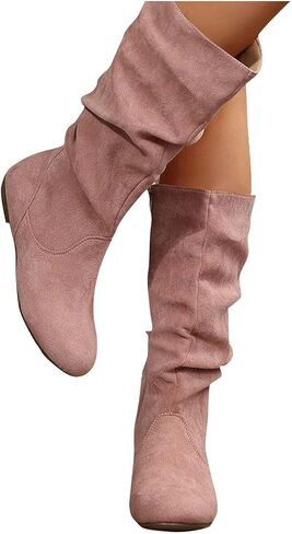 Womens Slouchy Mid Calf Boots Fall Fashion Suede Comfy Flat Heel Shoes Ladies Casual Side Zipper Wide Calf Boots in Saudi Arabia