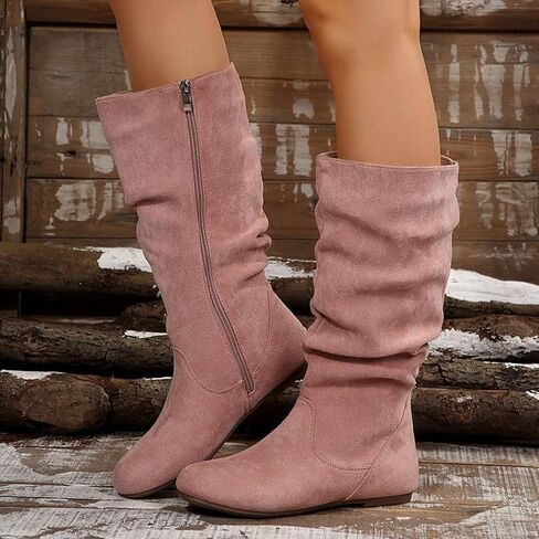 Womens Slouchy Mid Calf Boots Fall Fashion Suede Comfy Flat Heel Shoes Ladies Casual Side Zipper Wide Calf Boots in Saudi Arabia