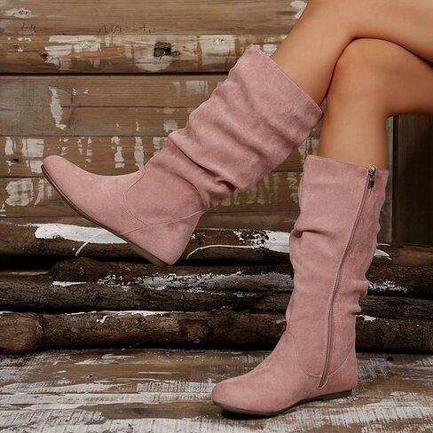 Womens Slouchy Mid Calf Boots Fall Fashion Suede Comfy Flat Heel Shoes Ladies Casual Side Zipper Wide Calf Boots in Saudi Arabia