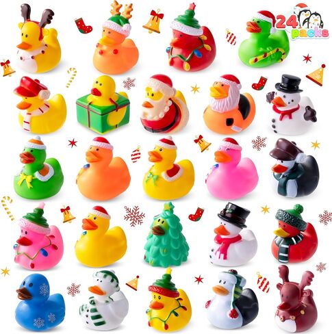 JOYIN 24 Pcs Christmas Ducks Bath Toys, Assorted Cute Rubber Duckies Bulk for Christmas Party Favors, Mini Ducky Baby Bathtub Shower Pool Toys for Kids, Xmas Table Dcorations Stocking Stuffers Gifts in Saudi Arabia