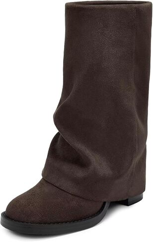 حذاء أسود نسائي من ISNOM - حذاء طويل بكعب عالٍ مكتنز لمنتصف الساق مع سحاب جانبي من جلد البولي يوريثان للنساء، حذاء سمك القرش ذو مقدمة مربعة عالية للنساء in Kuwait