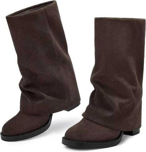 حذاء أسود نسائي من ISNOM - حذاء طويل بكعب عالٍ مكتنز لمنتصف الساق مع سحاب جانبي من جلد البولي يوريثان للنساء، حذاء سمك القرش ذو مقدمة مربعة عالية للنساء in Kuwait