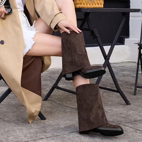 حذاء أسود نسائي من ISNOM - حذاء طويل بكعب عالٍ مكتنز لمنتصف الساق مع سحاب جانبي من جلد البولي يوريثان للنساء، حذاء سمك القرش ذو مقدمة مربعة عالية للنساء in Kuwait