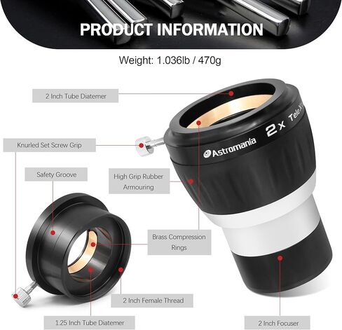Astromania 2 Inches Ultra Wide Angle Eyepiece for Planetary and Deep Space, 82 Degree 32mm UWA Eyepiece - Bundle with - 2 Inch 4 Element Fully Multi-Coated Metal High Power Premium 2X Barlow Lens in Saudi Arabia