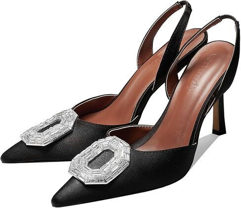 Vertundy المرأة حجر الراين Slingback مضخات أشار تو الساتان كريستال خنجر صندل كعب عالٍ حفل زفاف العروس مضخة فستان أحذية in Kuwait