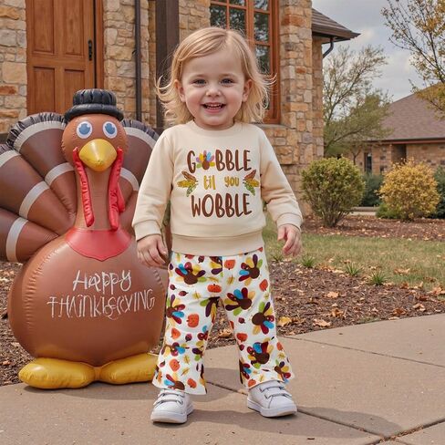 ملابس خريفية للفتيات الصغيرات لعيد الشكر، سترة Gobble Till You Wobble، مجموعة سراويل واسعة من تركيا in Saudi Arabia