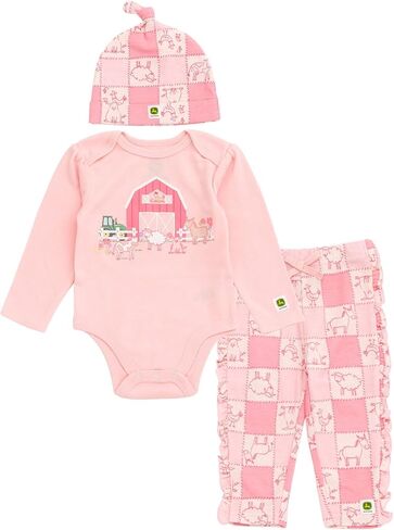 John Deere Farm Baby Girls Bodysuit, Pants and Hat 3 Piece Outfit Set Newborn to Infant Sizes (3-6 Months - 9-12 Months) in Saudi Arabia