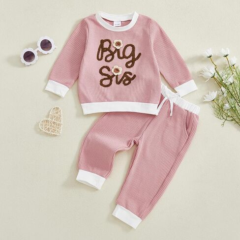 Toddler Baby Girl Clothes Big Sister Little Sister Matching Outfits Striped Waffle Flying Sleeve Fall Winter Set in Saudi Arabia