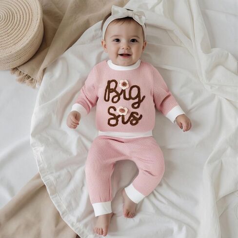 Toddler Baby Girl Clothes Big Sister Little Sister Matching Outfits Striped Waffle Flying Sleeve Fall Winter Set in Saudi Arabia