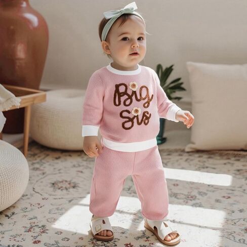 Toddler Baby Girl Clothes Big Sister Little Sister Matching Outfits Striped Waffle Flying Sleeve Fall Winter Set in Saudi Arabia