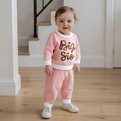 Toddler Baby Girl Clothes Big Sister Little Sister Matching Outfits Striped Waffle Flying Sleeve Fall Winter Set in Saudi Arabia