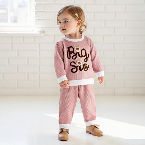 Toddler Baby Girl Clothes Big Sister Little Sister Matching Outfits Striped Waffle Flying Sleeve Fall Winter Set in Saudi Arabia