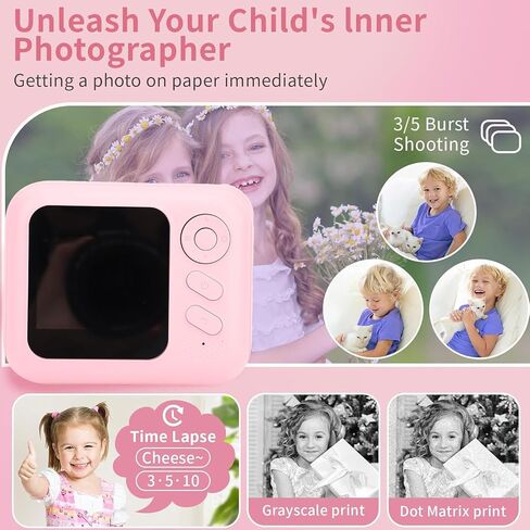 Yunseity Instant Print Camera, 48MP Pixels 2 Inch HD Screen Digital Zoom Portable Thermal Printing Camera, HD Sunlight Screen, Black and White Printing, Timer & Date Setting (Pink) in Kuwait