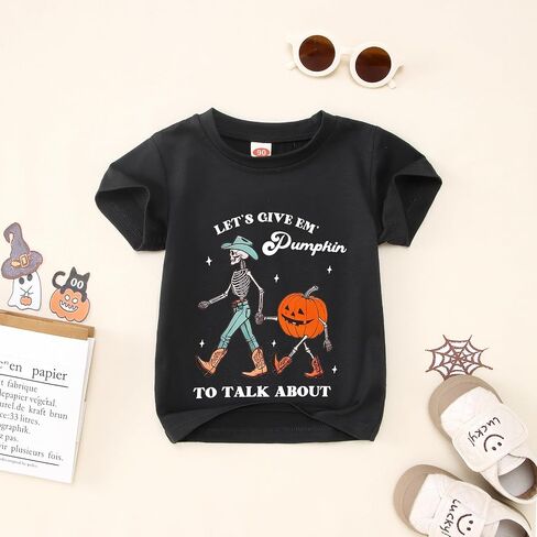 Halloween Shirt Toddler Baby Boy Girl Western Pumpkin Skeleton T-Shirt Kids Spooky Season Creep Skull Tee Tops in Saudi Arabia