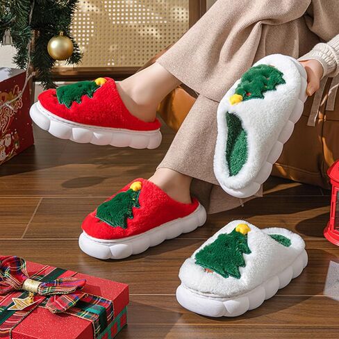 Christmas Slippers, Xmas Tree House Slippers for Women and Man, Fluffy Winter Cartoon Home Slippers with Memory Foam, Kawaii Fuzzy Cute Bedroom Slippers Indoor Outdoor, Cozy and Warm in Saudi Arabia