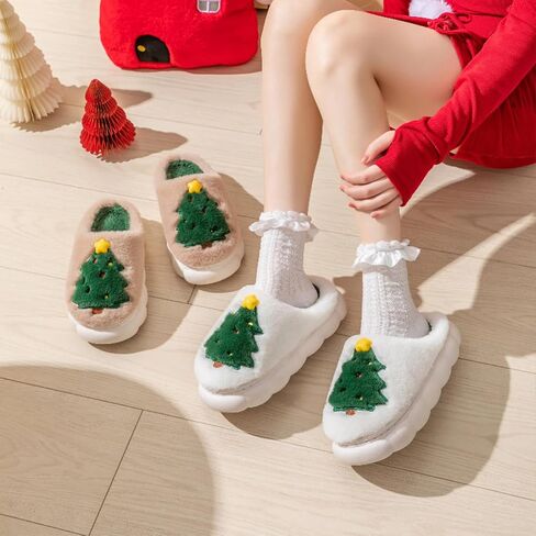 Christmas Slippers, Xmas Tree House Slippers for Women and Man, Fluffy Winter Cartoon Home Slippers with Memory Foam, Kawaii Fuzzy Cute Bedroom Slippers Indoor Outdoor, Cozy and Warm in Saudi Arabia