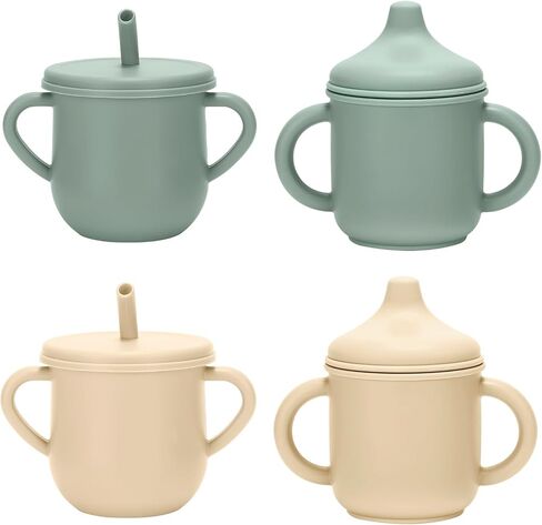 Silicone Toddler Cups Set, 2 Straw Cups and 2 Sippy Cups for 6+ Months Baby, Leakproof Spillproof Training Cups with Handles, Easy Clean (Green+Beige) in Saudi Arabia