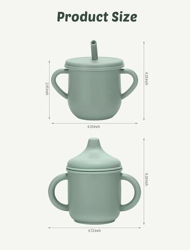 Silicone Toddler Cups Set, 2 Straw Cups and 2 Sippy Cups for 6+ Months Baby, Leakproof Spillproof Training Cups with Handles, Easy Clean (Green+Beige) in Saudi Arabia