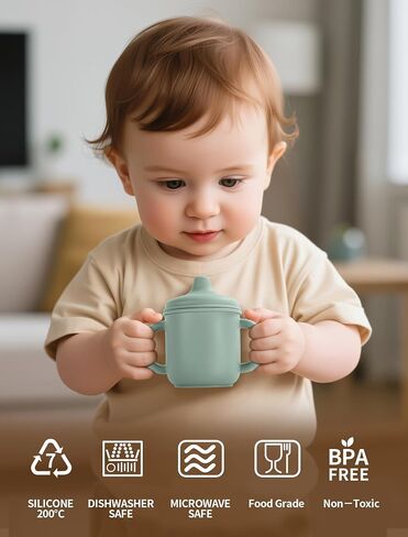 Silicone Toddler Cups Set, 2 Straw Cups and 2 Sippy Cups for 6+ Months Baby, Leakproof Spillproof Training Cups with Handles, Easy Clean (Green+Beige) in Saudi Arabia