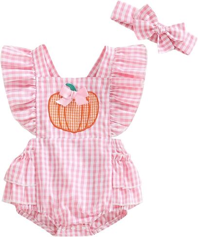 Newborn Baby Girl Halloween Outfit Plaid Romper Overalls Pumpkin Ghost Embroidery Sleeveless Bodysuit Onesie Headband in Saudi Arabia