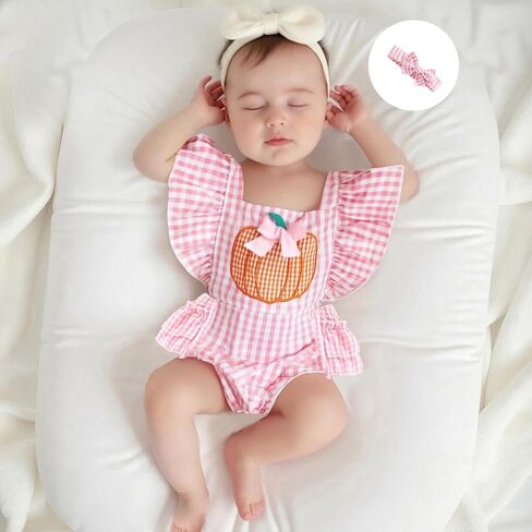 Newborn Baby Girl Halloween Outfit Plaid Romper Overalls Pumpkin Ghost Embroidery Sleeveless Bodysuit Onesie Headband in Saudi Arabia
