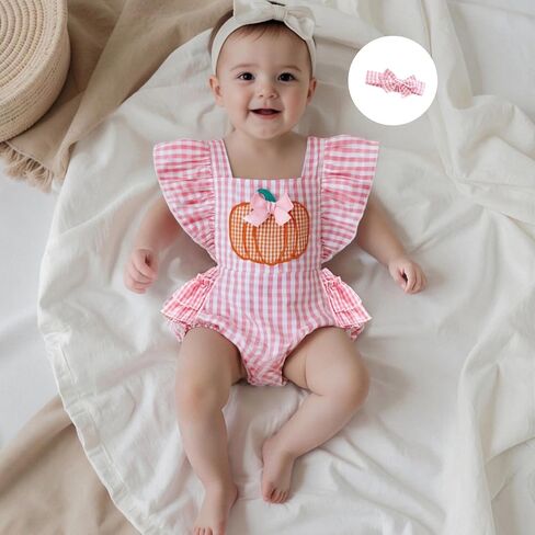 Newborn Baby Girl Halloween Outfit Plaid Romper Overalls Pumpkin Ghost Embroidery Sleeveless Bodysuit Onesie Headband in Saudi Arabia