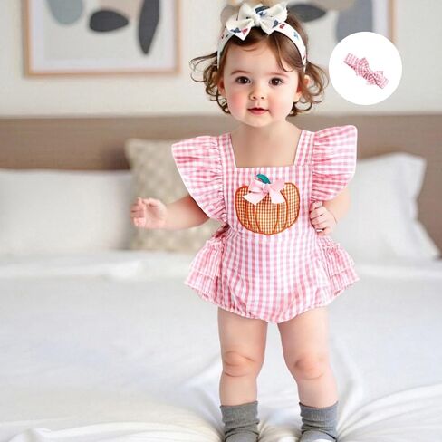 Newborn Baby Girl Halloween Outfit Plaid Romper Overalls Pumpkin Ghost Embroidery Sleeveless Bodysuit Onesie Headband in Saudi Arabia