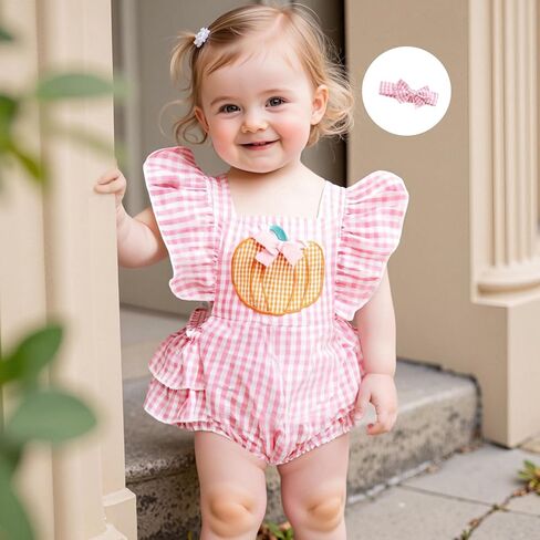 Newborn Baby Girl Halloween Outfit Plaid Romper Overalls Pumpkin Ghost Embroidery Sleeveless Bodysuit Onesie Headband in Saudi Arabia