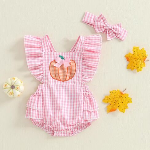 Newborn Baby Girl Halloween Outfit Plaid Romper Overalls Pumpkin Ghost Embroidery Sleeveless Bodysuit Onesie Headband in Saudi Arabia