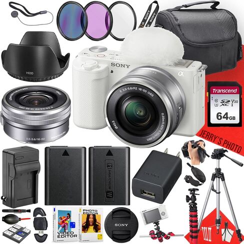 Sony ZV-E10 Mirrorless Camera (White) with Sony E PZ 16-50mm F/3.5-5.6 OSS Lens + 64 GB Memory + Spider Tripod + Camera Case + Tripod + Card Reader + Extra Battery + More (27pc Bundle) (Renewed) in Saudi Arabia
