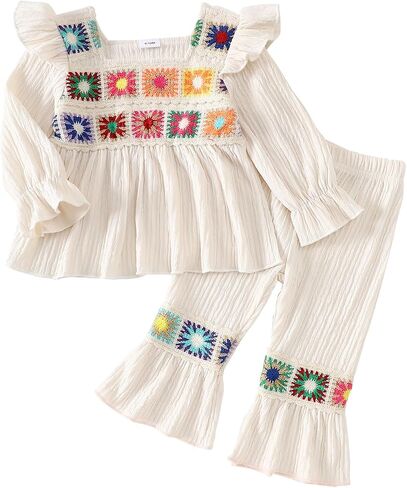 Baby Girl 2pcs Fall Outfits Embroidered Floral Print Long Sleeve Top and Flared Pants in Saudi Arabia