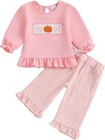 Baby Girl Halloween Outfit Pumpkin Smocked Shirt Plaid Flared Pants | Toddler Baby Girl Halloween Outfit Smocked Pumpkin Long Sleeve Ruffle Sweatshirt Plaid Pants Set 2Pcs Fall Winter Clothes in Saudi Arabia