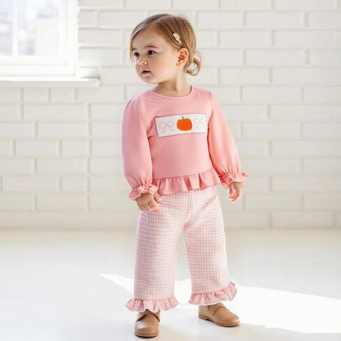 Baby Girl Halloween Outfit Pumpkin Smocked Shirt Plaid Flared Pants | Toddler Baby Girl Halloween Outfit Smocked Pumpkin Long Sleeve Ruffle Sweatshirt Plaid Pants Set 2Pcs Fall Winter Clothes in Saudi Arabia
