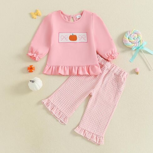 Baby Girl Halloween Outfit Pumpkin Smocked Shirt Plaid Flared Pants | Toddler Baby Girl Halloween Outfit Smocked Pumpkin Long Sleeve Ruffle Sweatshirt Plaid Pants Set 2Pcs Fall Winter Clothes in Saudi Arabia