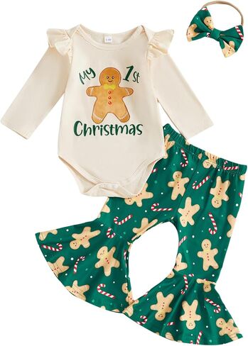My First Christmas Baby Girl Outfit Newborn Gingerbread/Santa Romper Flare Pants Set Infant Fall Winter Clothes in Saudi Arabia