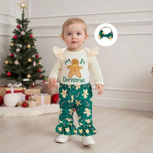 My First Christmas Baby Girl Outfit Newborn Gingerbread/Santa Romper Flare Pants Set Infant Fall Winter Clothes in Saudi Arabia