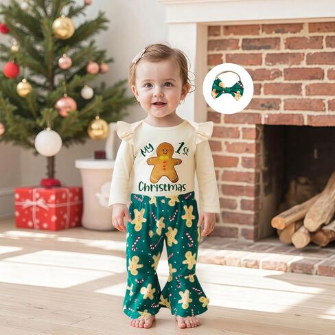 My First Christmas Baby Girl Outfit Newborn Gingerbread/Santa Romper Flare Pants Set Infant Fall Winter Clothes in Saudi Arabia