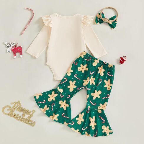 My First Christmas Baby Girl Outfit Newborn Gingerbread/Santa Romper Flare Pants Set Infant Fall Winter Clothes in Saudi Arabia