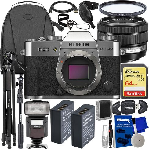 FUJIFILM X-T30 II Mirrorless Camera with XC 15-45mm OIS PZ Lens (Silver) + SanDisk 64GB Extreme SDXC, 2X Spare Batteries, Multi-Coated UV Filter, Universal Speedlite & Much More (27pc Bundle) in Saudi Arabia