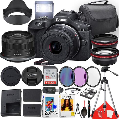 Canon EOS R100 Mirrorless Camera with 18-45mm Lens + 32 GB Memory + Hood + Monopod + Filters + Tripod + More (26pc Bundle) (Renewed) in Saudi Arabia
