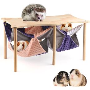 HOSUKKO Guinea Pig Hideout Double Hammock with Stand for Ferrets, 2PCS Hanging Soft Sleeping Bed with Large Durable Wooden Stand for Small Animals Hiding Sleeping Playing