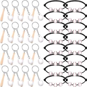 32 Pcs Baseball Party Favors Includes 16 Mini Baseball Keychain with Wooden Bat 16 Baseball Charm Bracelets Baseball Beads Bracelet for Baseball Birthday Party Supplies School Team Sports Party Favor