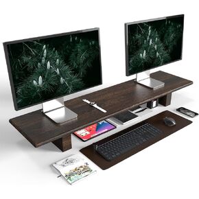 "WEGASTU Solid Wood Rustic Desk Monitor Stand with Storage，Large Dual Monitor Stand Riser for Laptop Computer/TV/PC/Printers, Perfect Desktop Stands Organizer with Underneath Storage for Office
