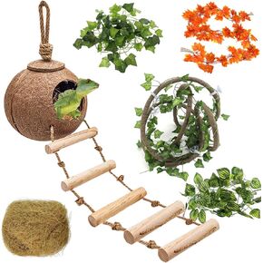HERCOCCI Leopard Gecko Tank Accessories, Coconut Shell Ladder Hideout Hole Reptile Climbing Vine Habitat Decor with 3 Pieces Colorful Plastic Plants for Chameleon Lizard Snake Hermit Crab