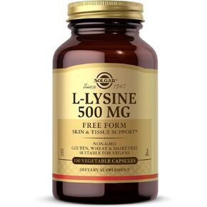 SOLGAR L-Lysine 500 mg - 100 Vegetable Capsules - Skin & Tissue Support - Non-GMO, Vegan, Kosher, Gluten Free - 100 Servings