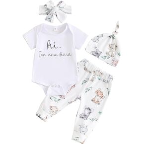 Newborn Baby Boy Girl Outfit Hi I'm New Here Short Sleeve Romper Koala Print Pants Headband Hat Coming Home Outfits