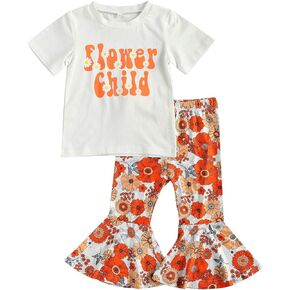 Xiaodriceee Toddler Baby Girl Short Sleeve Letter Print T-Shirt Top Floral Bell Bottom Pants 2Pcs Spring Summer Outfit