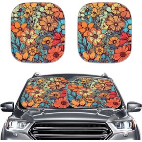 DISNIMO Beach Theme Car Accessories Cute Windshield Sun Shade Foldable 2pcs Set UV Rays Reflector Colourful Auto Front Window Sun Shade Visor Shield Cover Keeps Vehicle Cool